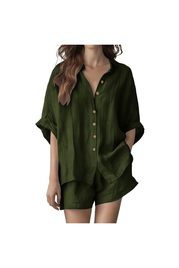Women's Linen Two Piece Sets Summer Short Sleeve Button Down Shirt and Shorts Gauze Set Vacation Beach Travel Outfits Green,M