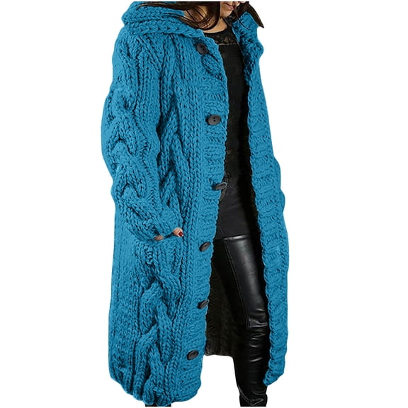 Moxiu Women's Long Cardigan Coats Cable Knit Casual Open Front Cardigans Long Sleeve Oversized Hooded Sweater with Pocket 2025 Blue XXXL