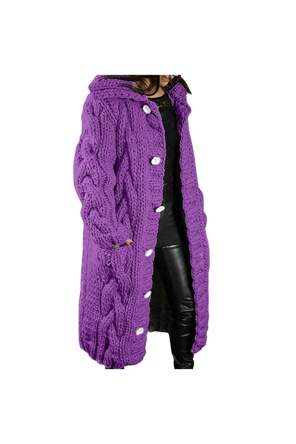 Women's Long Cardigan Fall Winter Coats Cable Knit Open Front Long Sleeve Casual Plus Size Sweater with Pockets 2025 Purple XL