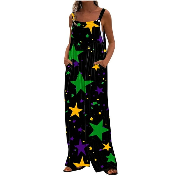 Moxiu Women's Mardi Gras Jumpsuit Sequin Printed Wide Leg Jumpsuit Overalls Dressy Adjustable Strappy Rompers with Pockets 2025 Multicolor,L