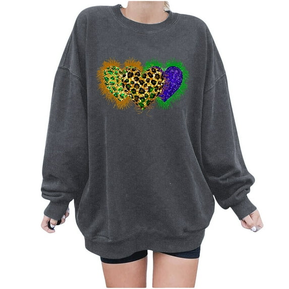 Moxiu Women's Mardi Gras Tops,Sweatshirt for Women Oversized Womens Sweatshirt Carnival Letter Print Sweatshirt Long Sleeve Crewneck Pullover 2025 Dark Gray,XL
