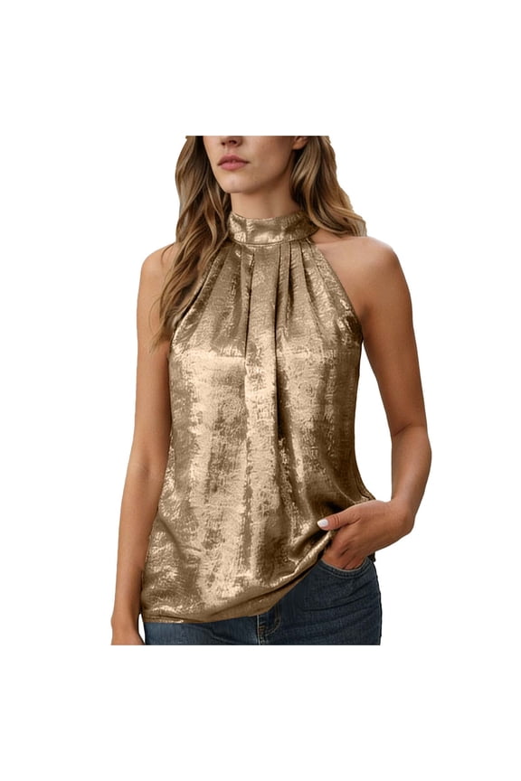 Women's Metallic Halter Top Sleeveless Pleated Elegant Dressy Party Work Casual Summer Blouses Gold,L