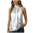 thumbnail image 1 of Moxiu Women's Metallic Halter Top Sleeveless Pleated Elegant Dressy Party Work Casual Summer Blouses White,XL, 1 of 9