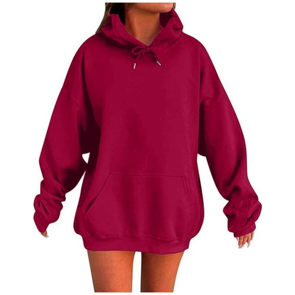 Moxiu Women's Oversized Hoodie Winter Solid Sweatshirts Fleece Hooded Pullover 2025 Basic Casual Tops Fall Preppy Sweater Wine,S