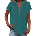 thumbnail image 1 of Moxiu Women's Plus Size Cotton Linen V Neck Short Sleeve Loose Fit Dressy Casual Trendy Summer Work Tops Green,XXXL, 1 of 7