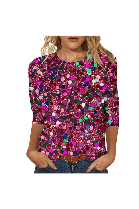 Women's Plus Size Glitter Sequin Sparkly Crewneck 3/4 Sleeve Loose Party Night Going Out Blouses Tops Hot Pink,XL