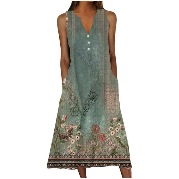 Moxiu Women's Plus Size Summer Boho Floral Print Casual Dress Vintage Sleeveless Neck V-Neck Long Tank Dress with Pockets 2025 Green,S