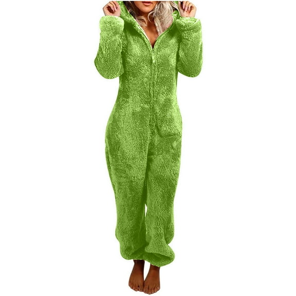 Moxiu Women's Plush Hooded Jumpsuit Sherpa Fuzzy Pajamas Long Sleeve Cute Cat One Piece Onesie Winter Warm Rompers Sleepwear Plus Size Green,XXXXXL