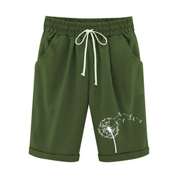 Moxiu Women's Pull On Bermuda Shorts Casual Cotton Curling Dandelion Print Shorts Plus Size Drawstring Elastic Waist Knee Length Summer Beach Shorts 2025 Army Green,XXL