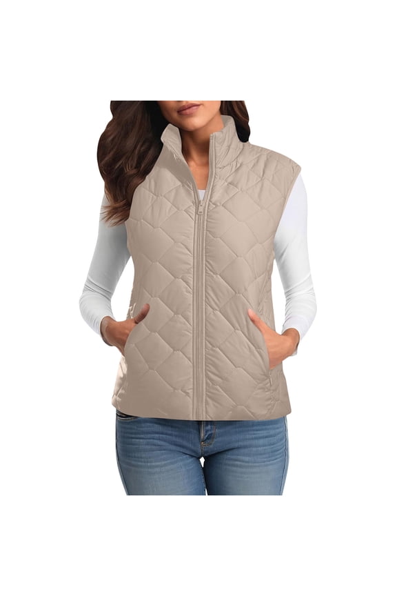Women's Quilted Vest Stand Collar Lightweight Zip Padded Gilet Sleeveless Puffer Down Vests Winter Warm with Zipper Pockets Beige,M