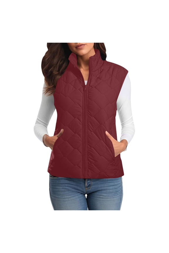 Women's Quilted Vest Stand Collar Lightweight Zip Padded Gilet Sleeveless Puffer Down Vests Winter Warm with Zipper Pockets Wine,S