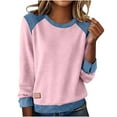 thumbnail image 1 of Moxiu Women's Round Neck Denim Patchwork Color Block Vintage Loose Casual Pullover Sweatshirt Tops Pink,XL, 1 of 9