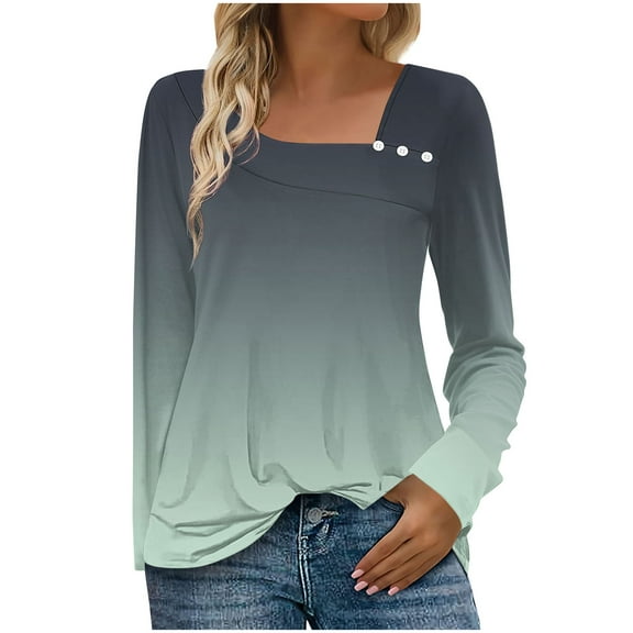 Moxiu Women's Shirts and Blouses for Fall Long Sleeve Shirts Gradient Asymmetric Square Neck Tunic Tops Decorative Buttons Army Green,S