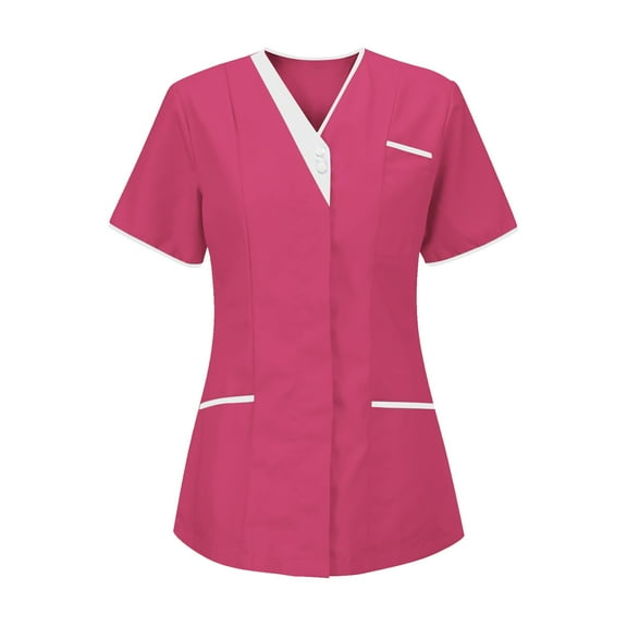 Moxiu Women's Short Sleeve Scrub Tops for Women Uniform Shirts Stretch V Neck Nurse Working T Shirt Fitted Basic Solid Color Housekeeping Tunics Top with Pockets 2025 Hot Pink,S