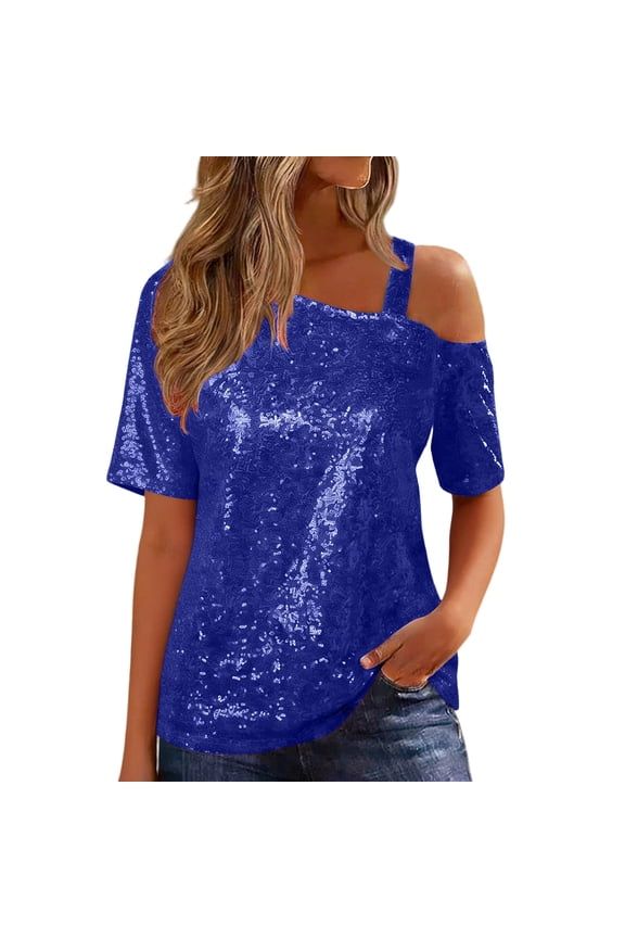 Women's Sparkly Sequin Tops 2026 Off The Shoulder Short Sleeve Tunic Blouse Summer Dressy Party Club T Shirts Tees Blue,S