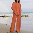 thumbnail image 1 of Moxiu Women's Summer 2 Piece Outfits Short Sleeve Cotton Linen Sets Top Solid Color Casual Loose Wide Leg Pants Set Fall Tracksuit, 1 of 5