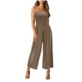 thumbnail image 1 of Moxiu Women's Summer Casual Smocked Jumpsuit Elegant Square Neck Sleeveless Wide Leg Beach Vacation Romper with Pockets 2026 Khaki,XL, 1 of 9
