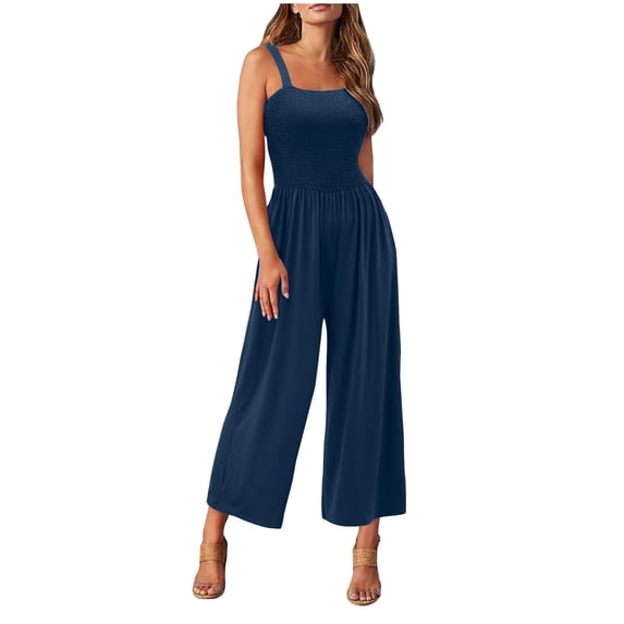 Moxiu Women's Summer Casual Smocked Jumpsuit Elegant Square Neck Sleeveless Wide Leg Beach Vacation Romper with Pockets 2026 Navy,XL