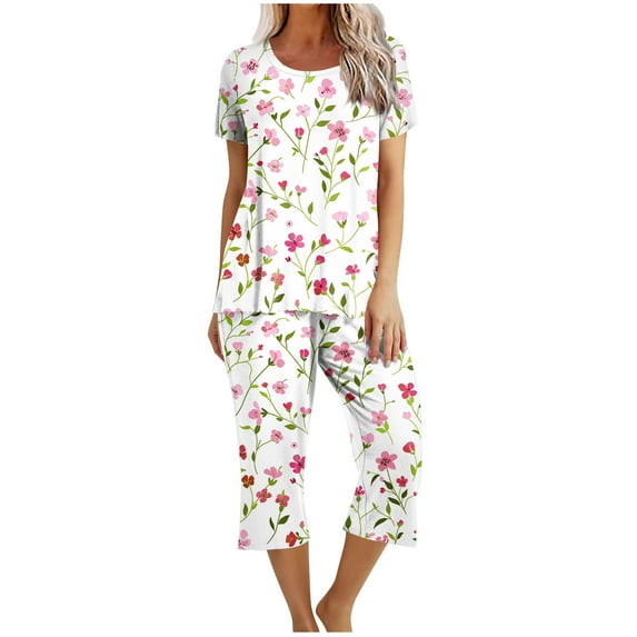 Moxiu Women's Summer Pajamas Short Sleeve Crewneck Top with Capri Pants Pjs 2 PIece Soft Comfy Lounge & Sleepwear Set 2025 Multicolor,XXL