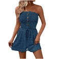 thumbnail image 1 of Moxiu Women's Summer Strapless Romper Ruffle Ruched Smocked Elastic Waist Jacquard Polka Dot Short Jumpsuit with Pockets 2026 Navy,L, 1 of 9