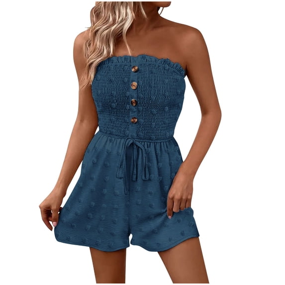 Moxiu Women's Summer Strapless Romper Ruffle Ruched Smocked Elastic Waist Jacquard Polka Dot Short Jumpsuit with Pockets 2026 Navy,L