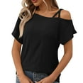 thumbnail image 1 of Moxiu Women's Tops One Shoulder Summer Short Sleeve T-Shirt 2025 Elegant Eyelet Spaghetti Strap Blouse Asymmetric Neck Casual Tops Tees Black,M, 1 of 7