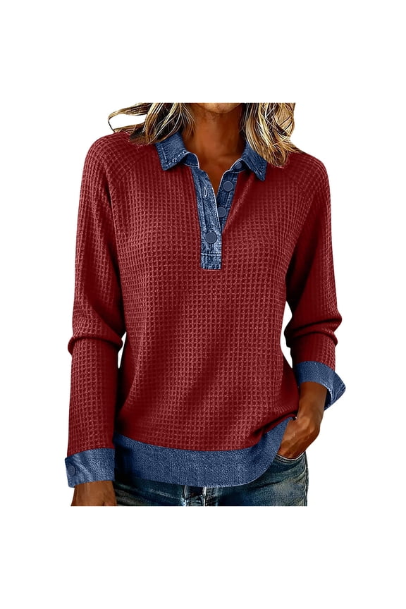 Women's Waffle Knit Denim Patchwork Lapel Collar Button Color Block Long Sleeve Pullover Sweatshirt Tops Wine,XXL