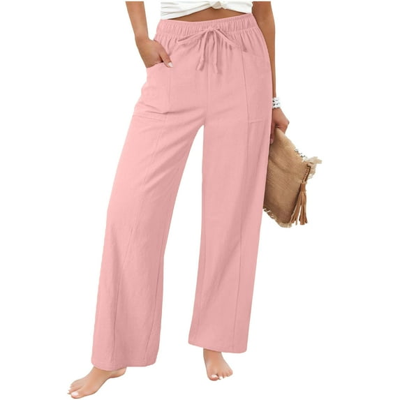 Moxiu Wide Leg Pants for Women Linen Flowy Palazzo Drawstring Elastic Waist Trousers with Pockets Summer Beach Vacation Pant Pink,S