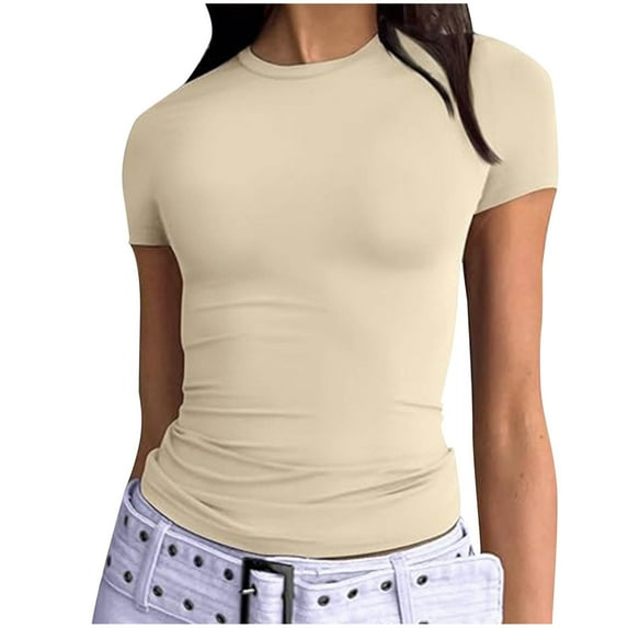 Moxiu Women's Y2K Crop Yoga Tops Crew Neck Short Sleeve Stretchy Soft Slim Fit Plain Summer Basic Tees Beige,S