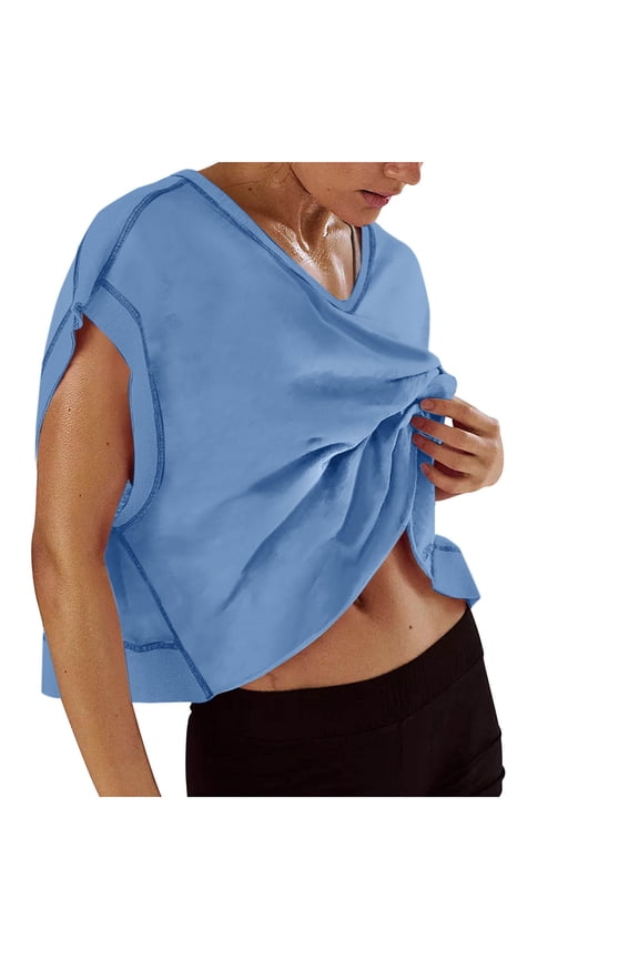 Women's Y2K Open Back Slouchy Crop Tops Summer Short Sleeve Athletic Yoga Gym Workout Running Tees Blue,S