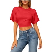 Moxiu Womens Y2K Oversized Crop T-Shirts Batwing Short Sleeve Crewneck Loose Casual Summer Tops for Teen Girls Red,S