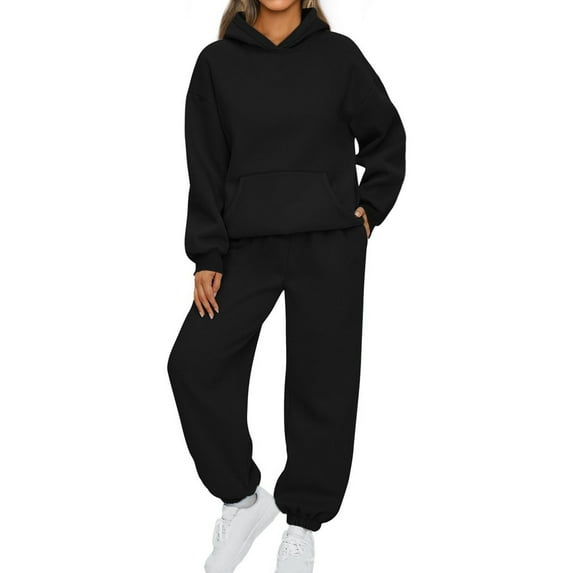 Moxiu Womens 2 Piece Outfits Lounge Black Hoodie Oversized Sweatshirt Jogger Sweatpants Y2K Tracksuit Sweatsuit Set Fall Winter Workout Suits Black,S