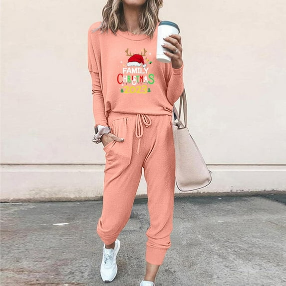 Moxiu Womens 2 Piece Outfits Sweatsuit Christmas 2023 Lounge Sets for Women Two Piece Long Pants Outfit Lightweight Fun Letter Print Long Sleeve Pullover Tops Jogger Sweatpants Set Tracksuit