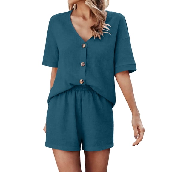 Moxiu Womens 2 Piece Short Sets Cotton Lounge Set V Neck Button Henley Top & Drawstring Shorts with Pockets Summer Outfits 2026 Blue,XXL