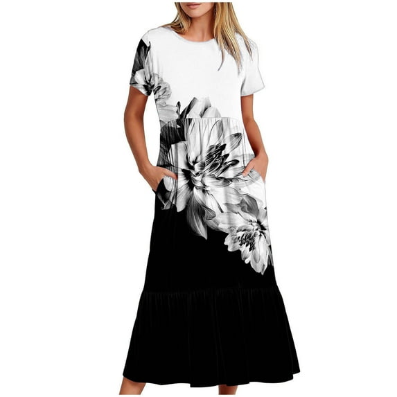 Moxiu Womens 2024 Summer Casual Round Neck Flutter Sleeve Bohemian Dresses Pleated Smocked Tiered Swing Mini Dress with Pockets Todays Daily Deals