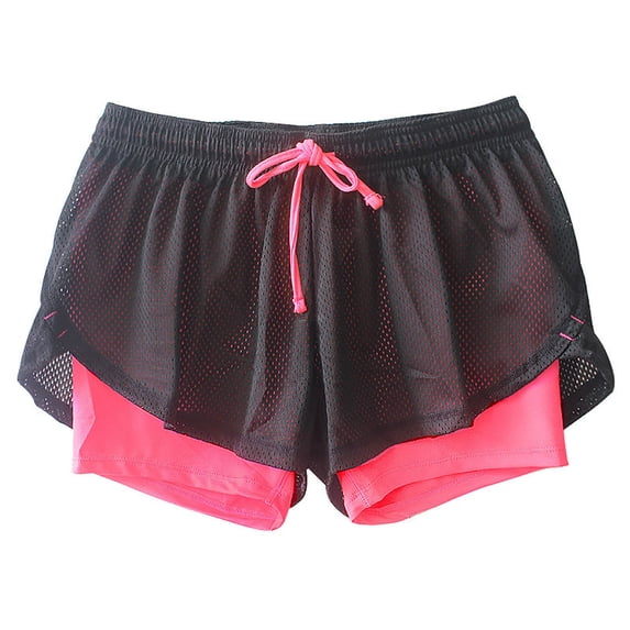 Moxiu Womens Athletic Shorts High Waisted Flowy Double Ruffle Running 2 in 1 Drawstring Casual Summer Sweat Shorts Hot Pink,L