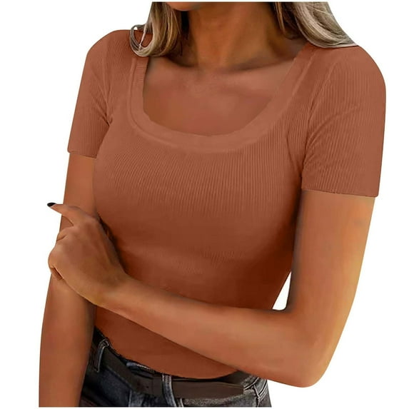 Moxiu Womens Basic Ribbed Knit Tops Scoop Neck Short Sleeve Fitted Casual Summer Solid Color Tees Orange,M