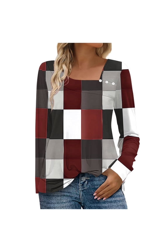 Womens Basic Tops Fall Long Sleeve Shirts for Women Colorblock Asymmetric Square Neck Tunic Tops Decorative Buttons Wine,XXL