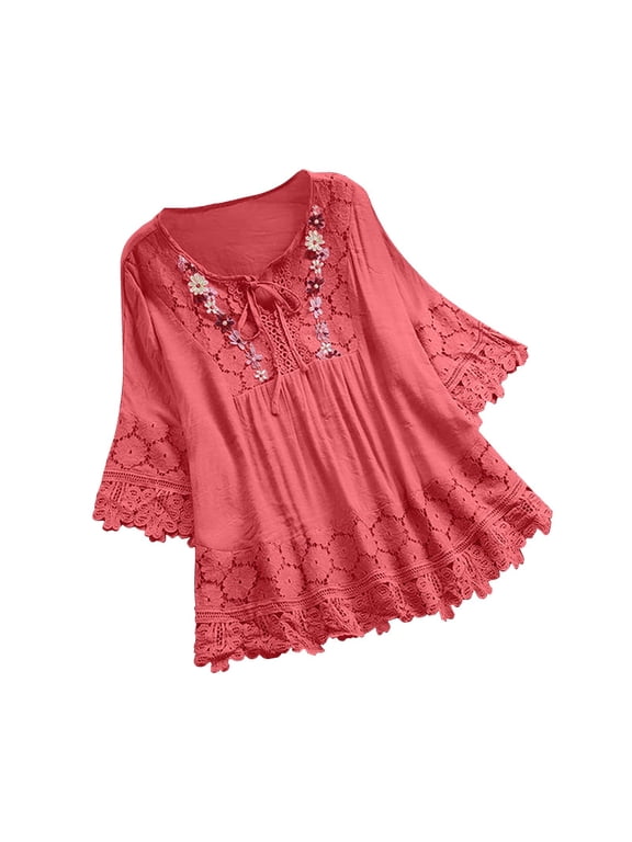 Womens Boho Linen Blouses 3/4 Sleeve Embroidered Tops Plus Mexican Tunic Peasant Vintage Lace Patchwork Bow V-Neck Top Watermelon Red,XL