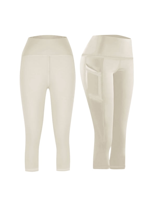 Womens Capri Leggings with Pockets High Waisted Tummy Control Cropped Yoga Pants Butt Lift Stretch Workout Running Capris Beige,M