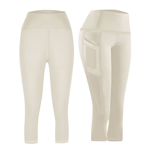 Moxiu Womens Capri Leggings with Pockets High Waisted Tummy Control Cropped Yoga Pants Butt Lift Stretch Workout Running Capris Beige,XXL