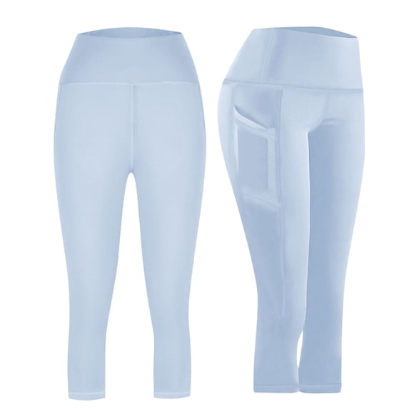 Moxiu Womens Capri Leggings with Pockets High Waisted Tummy Control Cropped Yoga Pants Butt Lift Stretch Workout Running Capris Light Blue,L