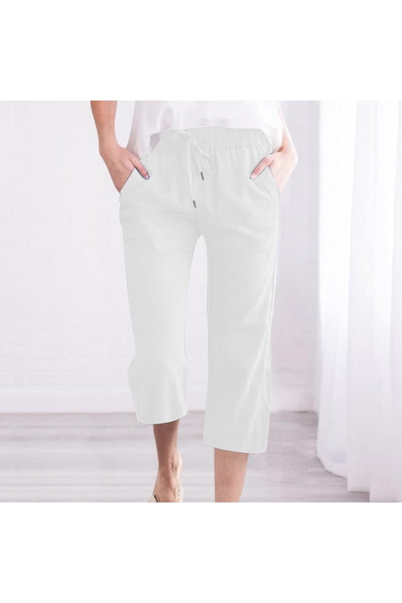 Womens Capri Pants Clearance 2023,Womens Cotton Linen Capri Pants,Capris for Women Summer Solid Color,Women's Linen 3/4 Pants High Waist Sports Yoga Pants Drawstring Casual Pants