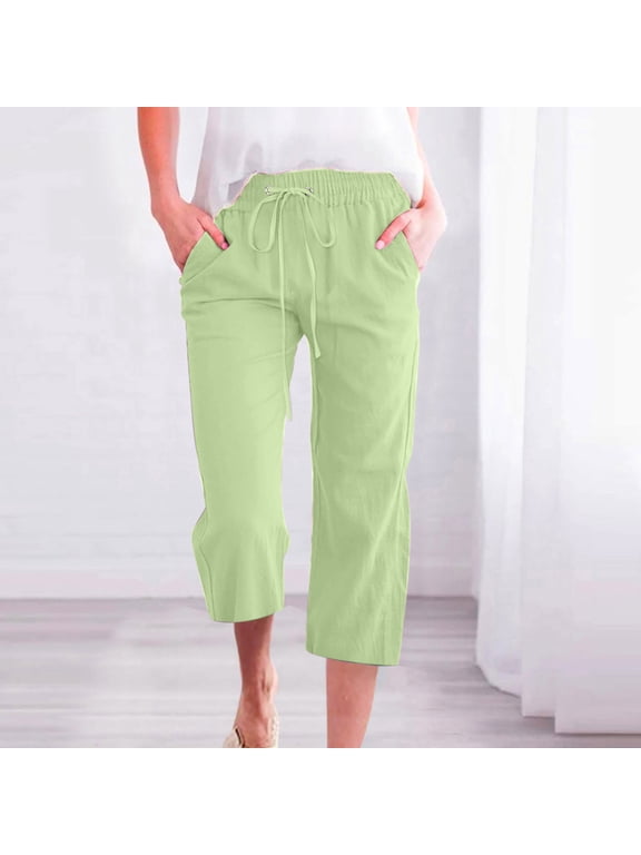 Womens Capri Pants Clearance, Womens Linen Pants High Waisted Loose Crop Pants Wide Leg Drawstring Capris Casual Yoga Sweatpants with Pockets,2023 Womens Linen Capri Pants