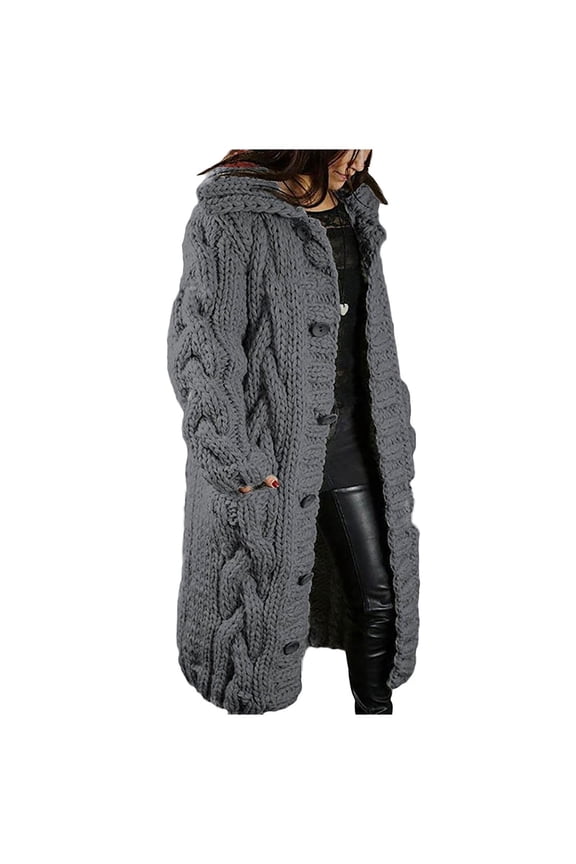 Womens Casual Long Sleeve Open Cardigan Warm Hooded Outwear Coat Cable Knit Long Cardigan Sweaters with Pockets 2025 Dark Gray M