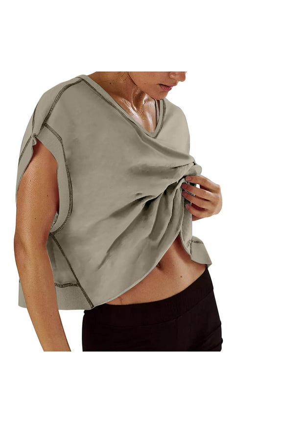 Womens Casual Open Back Tops Y2k Short Sleeve Slouchy Crop Yoga Gym Tees Khaki,S