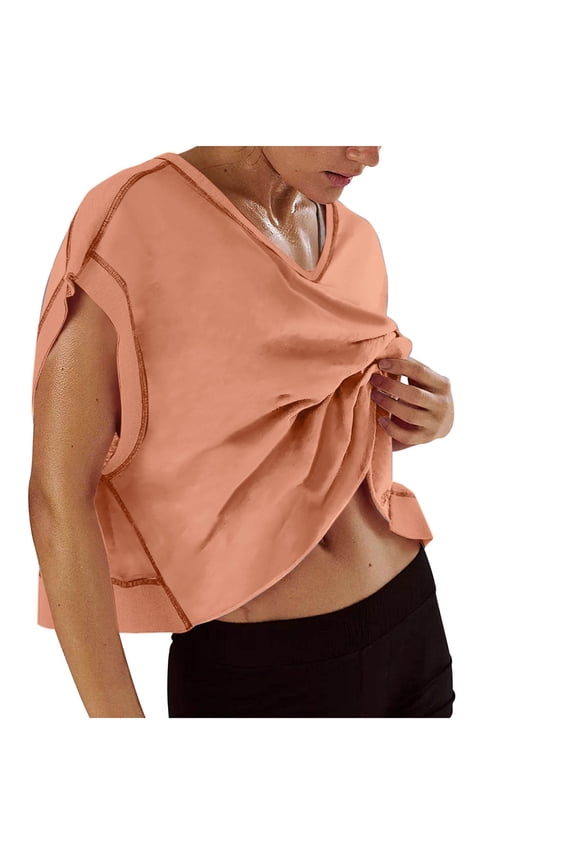 Womens Casual Open Back Tops Y2k Short Sleeve Slouchy Crop Yoga Gym Tees Orange,S