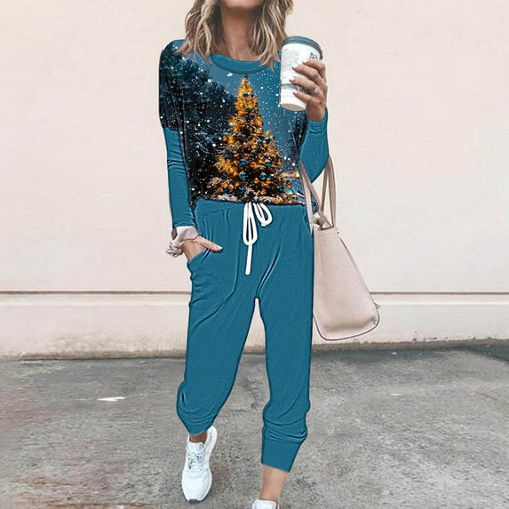Moxiu Womens Christmas Sets,Sweatsuits for Women Sets 2 Piece Christmas Outfits Glitter Xmas Tree Print Casual Lounge Sets Holiday Two Piece Sweat Suits Joggers Tracksuit Multicolor,XXXL