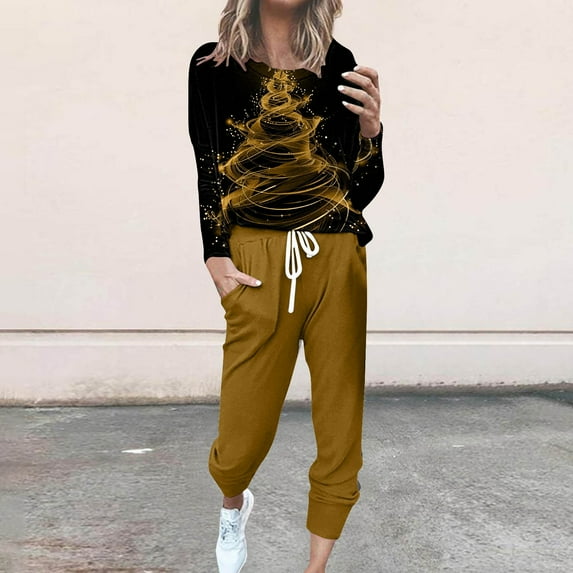 Moxiu Womens Christmas Suit,Sweatsuits for Women Sets 2 Piece Christmas Outfits Glitter Xmas Tree Print Casual Lounge Sets Holiday Two Piece Sweat Suits Joggers Tracksuit Gold,XXL