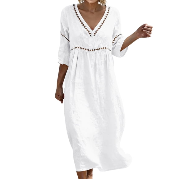 Moxiu Womens Cotton Maxi Dress Plus Size Summer 3/4 Sleeve Lace Patch Lounge Dresses 2026 Elegant Boho Beach Vacation Sundress White,XXXL